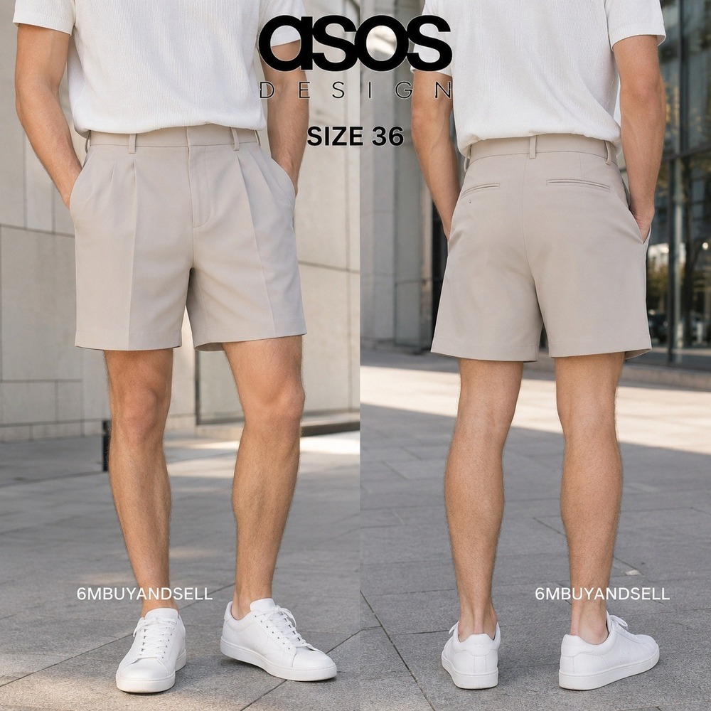 ASOS DESIGN Mens Pleated‎ Shorts Stone Beige Dress Shorts Size 36 F101159